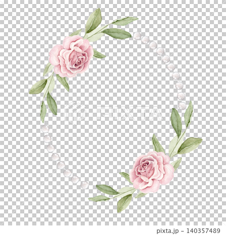 Oval pearl wreath with pink rose flowers and green leaves. Watercolor hand painted composition for invitations, greeting cards, stationery, wall art, scrapbook projects and wedding designs. Oval pearl wreath with pink rose flowers and green leaves. Watercolor hand painted composition for invitations, greeting cards, stationery, wall art, scrapbook projects and wedding designs. 140357489