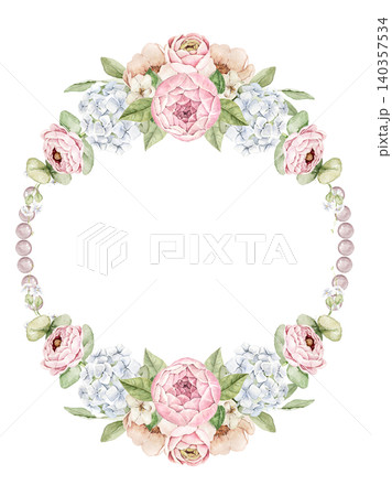 floral frame with pink roses, white hydrangea and green leaves. Watercolor hand painted composition with central space for text. For invitations, greeting cards, stationery and wedding designs. 140357534