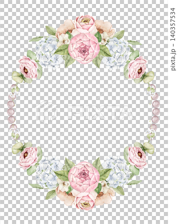 floral frame with pink roses, white hydrangea and green leaves. Watercolor hand painted composition with central space for text. For invitations, greeting cards, stationery and wedding designs. 140357534