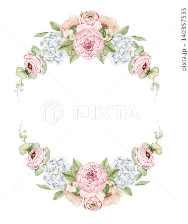 Oval floral frame with pink roses, white hydrangea, peonies and eucalyptus leaves. Watercolor hand painted composition with space for text. For invitations, greeting cards and wedding designs. 140357535