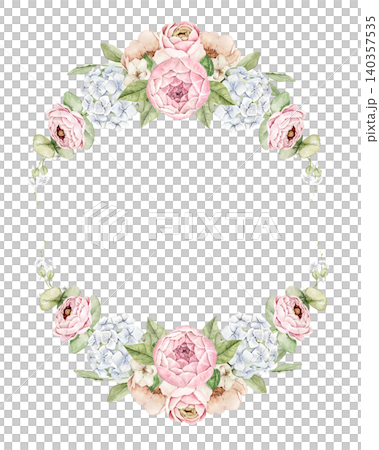 Oval floral frame with pink roses, white hydrangea, peonies and eucalyptus leaves. Watercolor hand painted composition with space for text. For invitations, greeting cards and wedding designs. 140357535