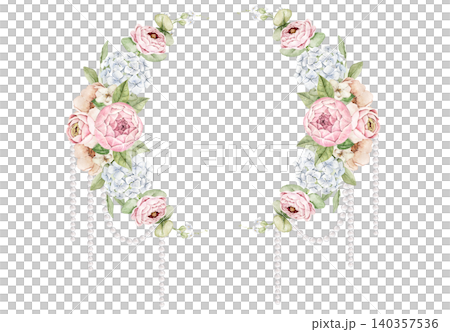 Oval wreath with pink roses, white flowers, ranunculus blooms, eucalyptus leaves and hanging pearl strands. Watercolor hand painted composition for invitations, greeting cards, stationery and wedding Oval wreath with pink roses, white flowers, ranunculus blooms, eucalyptus leaves and hanging pearl strands. Watercolor hand painted composition for invitations, greeting cards, stationery and wedding 140357536