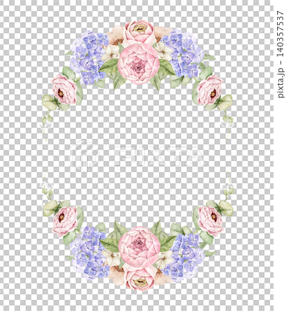 Oval floral frame with pink roses, blue hydrangea, white flowers and eucalyptus leaves. Watercolor hand painted composition with space for text. For invitations, greeting cards and wedding designs. Oval floral frame with pink roses, blue hydrangea, white flowers and eucalyptus leaves. Watercolor hand painted composition with space for text. For invitations, greeting cards and wedding designs. 140357537