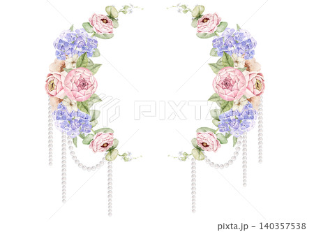 Oval wreath with pink roses, hydrangeas, ranunculus flowers, eucalyptus leaves and hanging pearl strands. Watercolor hand painted composition for invitations, greeting cards, stationery and wedding Oval wreath with pink roses, hydrangeas, ranunculus flowers, eucalyptus leaves and hanging pearl strands. Watercolor hand painted composition for invitations, greeting cards, stationery and wedding 140357538