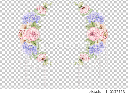 Oval wreath with pink roses, hydrangeas, ranunculus flowers, eucalyptus leaves and hanging pearl strands. Watercolor hand painted composition for invitations, greeting cards, stationery and wedding Oval wreath with pink roses, hydrangeas, ranunculus flowers, eucalyptus leaves and hanging pearl strands. Watercolor hand painted composition for invitations, greeting cards, stationery and wedding 140357538