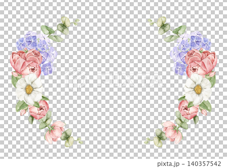 Floral side arrangement with pink roses, blue hydrangea, white daisy and eucalyptus leaves. Watercolor hand painted composition. For invitations, greeting cards, stationery, and wedding designs. 140357542