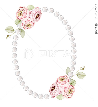 Oval pearl frame with pink ranunculus flowers and green leaves. Watercolor hand painted composition for invitations, greeting cards, stationery, scrapbook, wall art and wedding designs. Oval pearl frame with pink ranunculus flowers and green leaves. Watercolor hand painted composition for invitations, greeting cards, stationery, scrapbook, wall art and wedding designs. 140357554