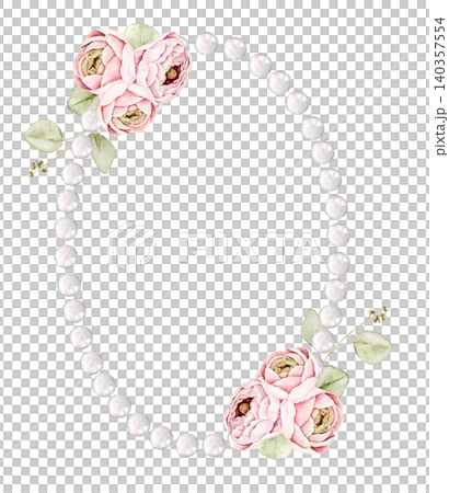 Oval pearl frame with pink ranunculus flowers and green leaves. Watercolor hand painted composition for invitations, greeting cards, stationery, scrapbook, wall art and wedding designs. Oval pearl frame with pink ranunculus flowers and green leaves. Watercolor hand painted composition for invitations, greeting cards, stationery, scrapbook, wall art and wedding designs. 140357554