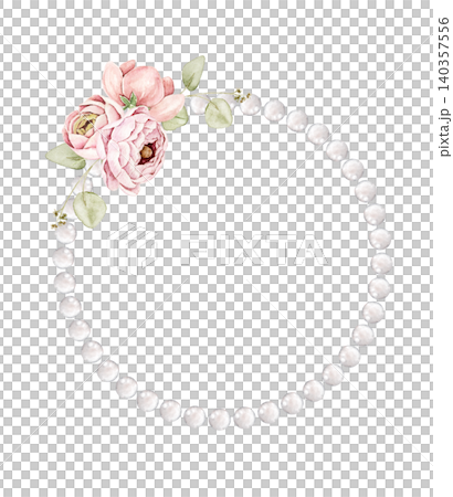 Round pearl frame with pink ranunculus flowers and green leaves. Watercolor hand painted composition for invitations, greeting cards, stationery, scrapbook, wall art and wedding designs. Round pearl frame with pink ranunculus flowers and green leaves. Watercolor hand painted composition for invitations, greeting cards, stationery, scrapbook, wall art and wedding designs. 140357556