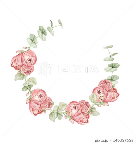 Floral wreath with pink ranunculus flowers and eucalyptus leaves. Watercolor hand painted composition for invitations, greeting cards, stationery, scrapbook projects and wedding designs. Floral wreath with pink ranunculus flowers and eucalyptus leaves. Watercolor hand painted composition for invitations, greeting cards, stationery, scrapbook projects and wedding designs. 140357558