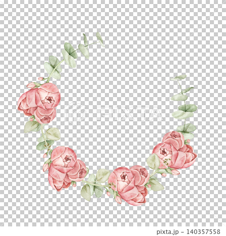 Floral wreath with pink ranunculus flowers and eucalyptus leaves. Watercolor hand painted composition for invitations, greeting cards, stationery, scrapbook projects and wedding designs. Floral wreath with pink ranunculus flowers and eucalyptus leaves. Watercolor hand painted composition for invitations, greeting cards, stationery, scrapbook projects and wedding designs. 140357558