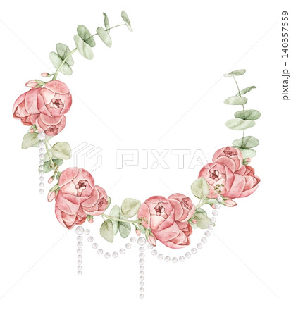 Floral wreath with red pastel roses, eucalyptus leaves and hanging pearl strands. Watercolor hand painted composition for invitations, greeting cards, stationery, scrapbook and wedding designs. Floral wreath with red pastel roses, eucalyptus leaves and hanging pearl strands. Watercolor hand painted composition for invitations, greeting cards, stationery, scrapbook and wedding designs. 140357559