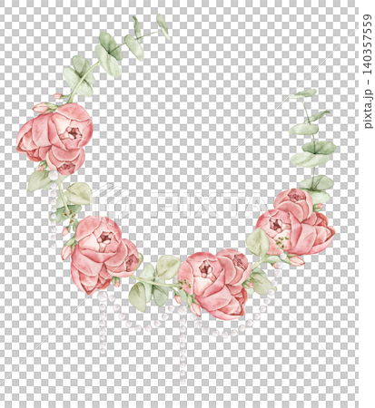 Floral wreath with red pastel roses, eucalyptus leaves and hanging pearl strands. Watercolor hand painted composition for invitations, greeting cards, stationery, scrapbook and wedding designs. Floral wreath with red pastel roses, eucalyptus leaves and hanging pearl strands. Watercolor hand painted composition for invitations, greeting cards, stationery, scrapbook and wedding designs. 140357559