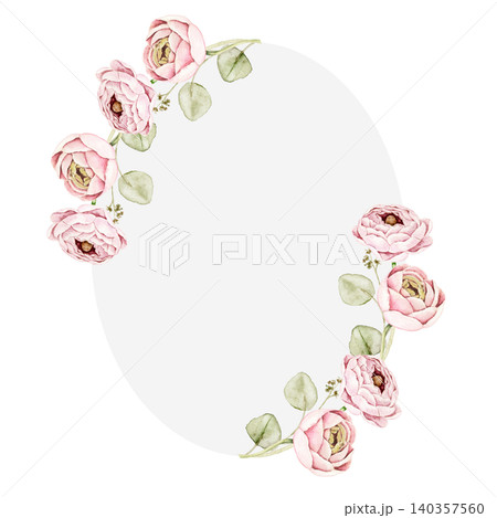 Oval floral frame with pink ranunculus flowers and pale green leaves. Watercolor hand painted composition for invitations, greeting cards, stationery, scrapbook projects and wedding designs. 140357560