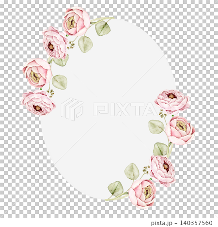 Oval floral frame with pink ranunculus flowers and pale green leaves. Watercolor hand painted composition for invitations, greeting cards, stationery, scrapbook projects and wedding designs. 140357560