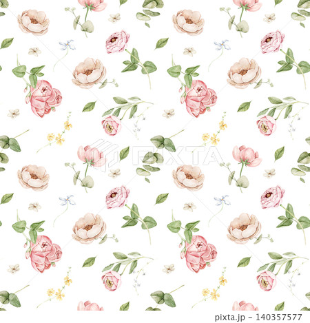 Seamless watercolor pattern with roses, hydrangeas, eucalyptus leaves and small blossoms. Hand painted repeating design for fabric, wallpaper, stationery, wrapping paper and textile printing. 140357577