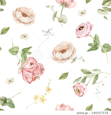 Seamless watercolor pattern with roses, hydrangeas, eucalyptus leaves and small blossoms. Hand painted repeating design for fabric, wallpaper, stationery, wrapping paper and textile printing. Seamless watercolor pattern with roses, hydrangeas, eucalyptus leaves and small blossoms. Hand painted repeating design for fabric, wallpaper, stationery, wrapping paper and textile printing. 140357578