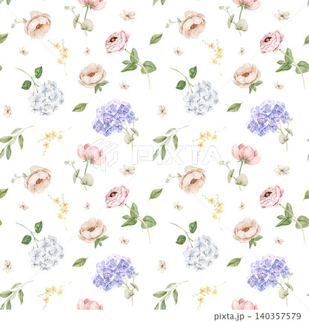 Seamless watercolor pattern with roses, hydrangeas, eucalyptus leaves and small blossoms. Hand painted repeating design for fabric, wallpaper, stationery, wrapping paper and textile printing. 140357579