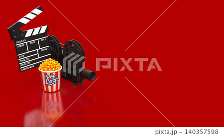 Creative Cinema Night With Popcorn And Vintage Film Equipment 3d render. Creative Cinema Night With Popcorn And Vintage Film Equipment 3d render. 140357598