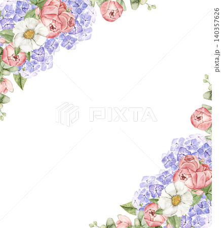 Floral corner frame with roses, hydrangeas and eucalyptus leaves. Watercolor hand painted composition with open space for text. For invitations, stationery, scrapbook and wedding designs. Floral corner frame with roses, hydrangeas and eucalyptus leaves. Watercolor hand painted composition with open space for text. For invitations, stationery, scrapbook and wedding designs. 140357626