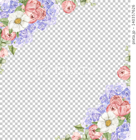 Floral corner frame with roses, hydrangeas and eucalyptus leaves. Watercolor hand painted composition with open space for text. For invitations, stationery, scrapbook and wedding designs. Floral corner frame with roses, hydrangeas and eucalyptus leaves. Watercolor hand painted composition with open space for text. For invitations, stationery, scrapbook and wedding designs. 140357626