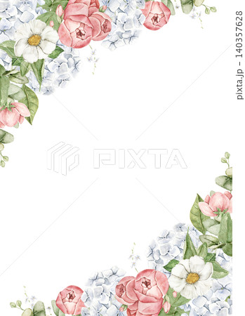 Floral corner frame with roses, hydrangeas, daisies and eucalyptus leaves. Watercolor hand painted composition with open space for text. For invitations, stationery, scrapbook and wedding designs. Floral corner frame with roses, hydrangeas, daisies and eucalyptus leaves. Watercolor hand painted composition with open space for text. For invitations, stationery, scrapbook and wedding designs. 140357628