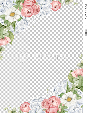 Floral corner frame with roses, hydrangeas, daisies and eucalyptus leaves. Watercolor hand painted composition with open space for text. For invitations, stationery, scrapbook and wedding designs. Floral corner frame with roses, hydrangeas, daisies and eucalyptus leaves. Watercolor hand painted composition with open space for text. For invitations, stationery, scrapbook and wedding designs. 140357628