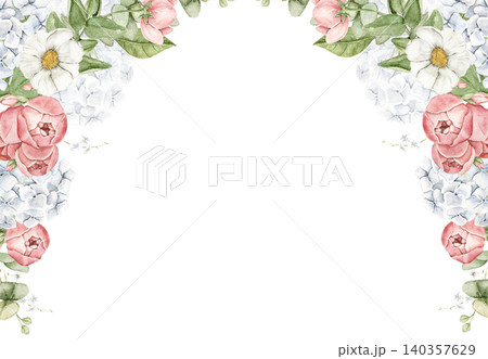 Floral top border with roses, hydrangeas, daisies and eucalyptus leaves. Watercolor hand painted composition with central space for text. For invitations, stationery, scrapbook and wedding designs. Floral top border with roses, hydrangeas, daisies and eucalyptus leaves. Watercolor hand painted composition with central space for text. For invitations, stationery, scrapbook and wedding designs. 140357629