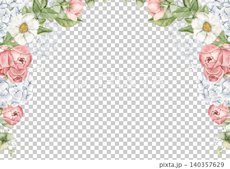 Floral top border with roses, hydrangeas, daisies and eucalyptus leaves. Watercolor hand painted composition with central space for text. For invitations, stationery, scrapbook and wedding designs. Floral top border with roses, hydrangeas, daisies and eucalyptus leaves. Watercolor hand painted composition with central space for text. For invitations, stationery, scrapbook and wedding designs. 140357629
