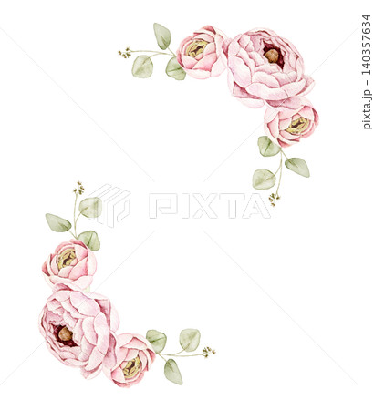 White lace frame with pink roses and eucalyptus leaves. Watercolor hand painted composition with central space for text. For invitations, stationery, scrapbook, greeting cards and wedding designs. White lace frame with pink roses and eucalyptus leaves. Watercolor hand painted composition with central space for text. For invitations, stationery, scrapbook, greeting cards and wedding designs. 140357634