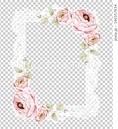 White lace frame with pink roses and eucalyptus leaves. Watercolor hand painted composition with central space for text. For invitations, stationery, scrapbook, greeting cards and wedding designs. White lace frame with pink roses and eucalyptus leaves. Watercolor hand painted composition with central space for text. For invitations, stationery, scrapbook, greeting cards and wedding designs. 140357634
