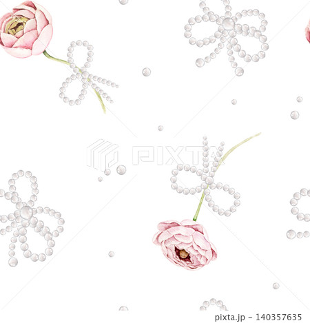 Seamless watercolor pattern with pearl bows and pink roses. Hand painted repeating design for fabric, sleepwear, nursery textiles, wrapping paper, stationery and surface printing. 140357635