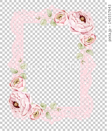 pink lace frame with pink ranunculus flowers and eucalyptus leaves. Watercolor hand painted composition with central space for text. For invitations, stationery, scrapbook and wedding designs. pink lace frame with pink ranunculus flowers and eucalyptus leaves. Watercolor hand painted composition with central space for text. For invitations, stationery, scrapbook and wedding designs. 140357643