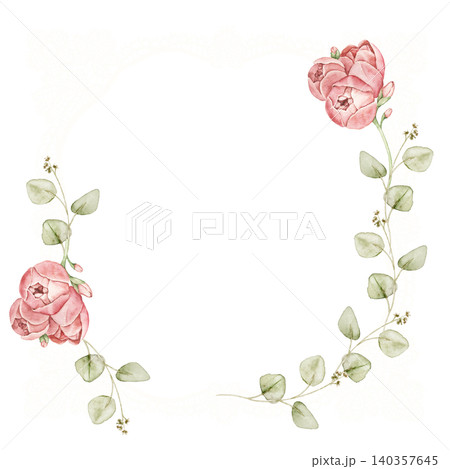 Square lace frame with pink roses and eucalyptus leaves. Watercolor hand painted composition with central space for text. For invitations, stationery, scrapbook, greeting cards and wedding designs. 140357645