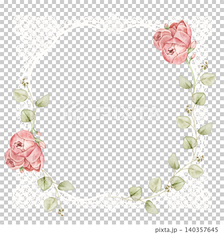 Square lace frame with pink roses and eucalyptus leaves. Watercolor hand painted composition with central space for text. For invitations, stationery, scrapbook, greeting cards and wedding designs. 140357645