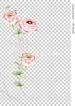 Vertical floral arrangement with pink roses, eucalyptus leaves and pearl bow. Watercolor hand painted composition for invitations, stationery, scrapbook, greeting cards and wedding designs. Vertical floral arrangement with pink roses, eucalyptus leaves and pearl bow. Watercolor hand painted composition for invitations, stationery, scrapbook, greeting cards and wedding designs. 140357647