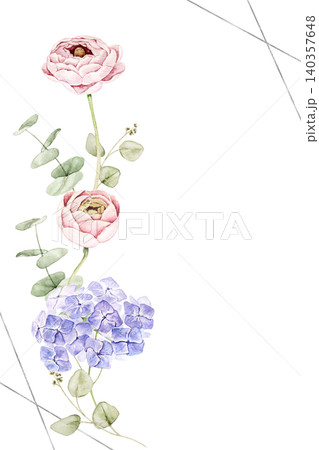 Vertical floral arrangement with pink roses, blue hydrangea and eucalyptus leaves. Watercolor hand painted composition for invitations, stationery, scrapbook, greeting cards and wedding designs. Vertical floral arrangement with pink roses, blue hydrangea and eucalyptus leaves. Watercolor hand painted composition for invitations, stationery, scrapbook, greeting cards and wedding designs. 140357648