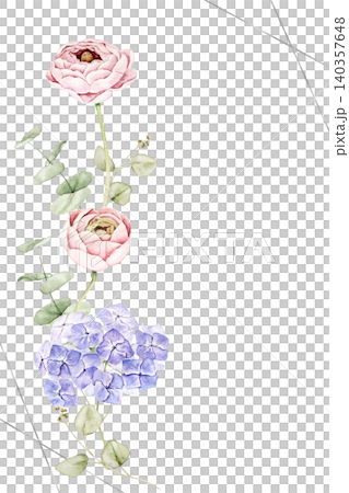 Vertical floral arrangement with pink roses, blue hydrangea and eucalyptus leaves. Watercolor hand painted composition for invitations, stationery, scrapbook, greeting cards and wedding designs. Vertical floral arrangement with pink roses, blue hydrangea and eucalyptus leaves. Watercolor hand painted composition for invitations, stationery, scrapbook, greeting cards and wedding designs. 140357648