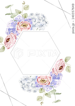 Hexagon floral frame with pink roses, blue hydrangeas and eucalyptus leaves. Watercolor hand painted border with central space for text. For invitations, stationery, scrapbook and wedding designs. 140357649