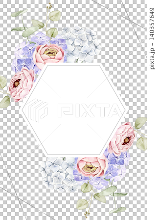 Hexagon floral frame with pink roses, blue hydrangeas and eucalyptus leaves. Watercolor hand painted border with central space for text. For invitations, stationery, scrapbook and wedding designs. Hexagon floral frame with pink roses, blue hydrangeas and eucalyptus leaves. Watercolor hand painted border with central space for text. For invitations, stationery, scrapbook and wedding designs. 140357649