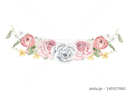 Watercolor floral swag with pink ranunculus, blush roses, white rose, eucalyptus leaves and small yellow blossoms. Suitable for invitations, greeting cards, packaging, stationery, and wedding projects 140357662