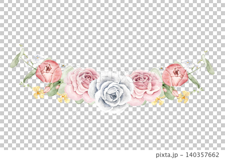 Watercolor floral swag with pink ranunculus, blush roses, white rose, eucalyptus leaves and small yellow blossoms. Suitable for invitations, greeting cards, packaging, stationery, and wedding projects 140357662