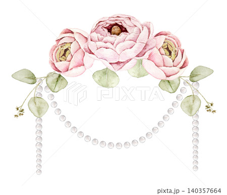 Watercolor composition with pink ranunculus flowers, eucalyptus leaves and pearl garlands. Floral composition for wedding invitations, certificates, menus, greeting cards, packaging and branding. 140357664