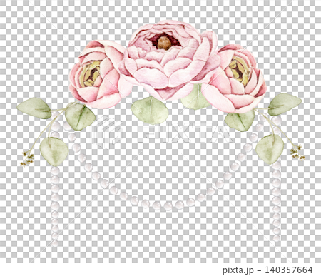 Watercolor composition with pink ranunculus flowers, eucalyptus leaves and pearl garlands. Floral composition for wedding invitations, certificates, menus, greeting cards, packaging and branding. 140357664