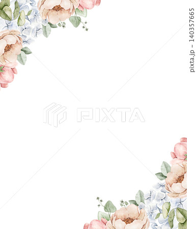 Floral corner frame with roses, hydrangeas and eucalyptus leaves. Watercolor hand painted border with central space for text. For invitations, stationery, scrapbook, greeting cards and wedding designs 140357665