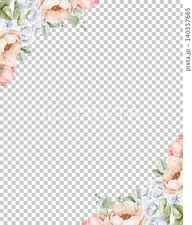 Floral corner frame with roses, hydrangeas and eucalyptus leaves. Watercolor hand painted border with central space for text. For invitations, stationery, scrapbook, greeting cards and wedding designs 140357665