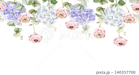 Hydrangeas, ranunculus and eucalyptus watercolor floral border with space below for text. Suitable for wedding invitations, greeting cards, stationery, packaging and feminine branding projects. 140357700