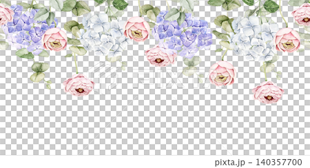 Hydrangeas, ranunculus and eucalyptus watercolor floral border with space below for text. Suitable for wedding invitations, greeting cards, stationery, packaging and feminine branding projects. 140357700