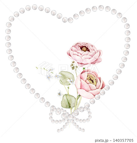 Watercolor heart made of pearls with pink ranunculus flowers and small blossoms. Floral composition for wedding invitations, greeting cards, anniversary stationery, branding and packaging. Watercolor heart made of pearls with pink ranunculus flowers and small blossoms. Floral composition for wedding invitations, greeting cards, anniversary stationery, branding and packaging. 140357705