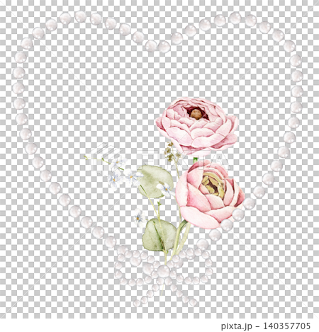Watercolor heart made of pearls with pink ranunculus flowers and small blossoms. Floral composition for wedding invitations, greeting cards, anniversary stationery, branding and packaging. Watercolor heart made of pearls with pink ranunculus flowers and small blossoms. Floral composition for wedding invitations, greeting cards, anniversary stationery, branding and packaging. 140357705